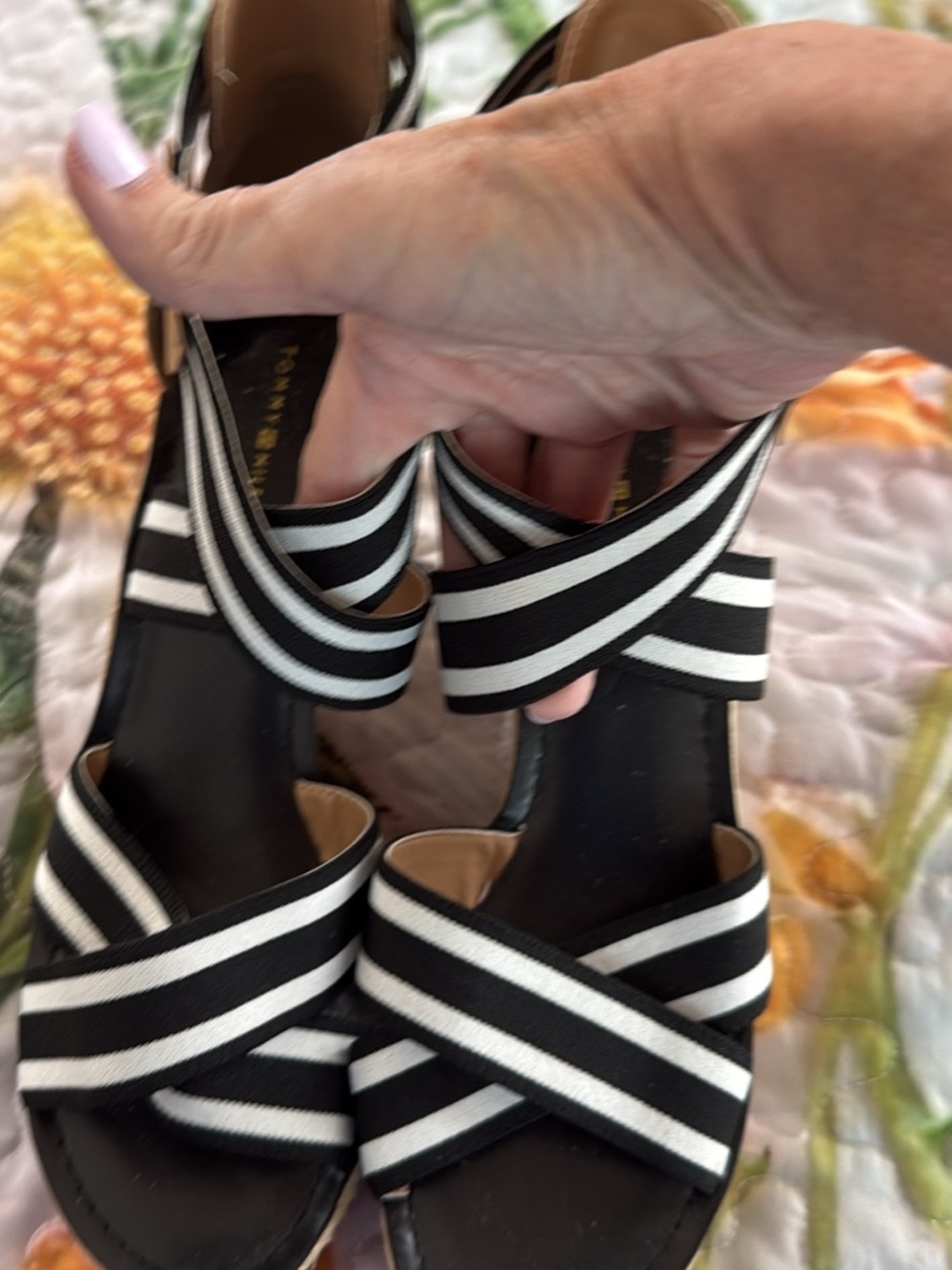 Tommy Hilfiger Black & White Striped Espadrille Wedge Sandals - Picture 2 of 4